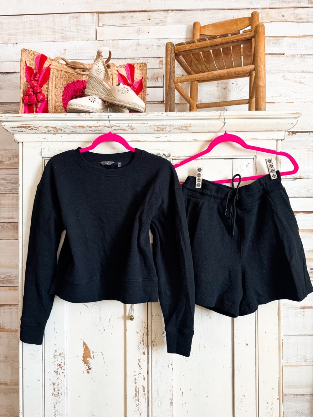 Black Sweatshirt and Drawstring Shorts Set